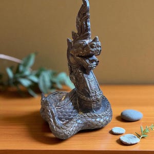 Bronze Naga Figurine Thai Serpent Deity Sculpture Handcrafted Southeast Asian Myth Art Spiritual Decor Sacred Gift for Spiritual Collectors