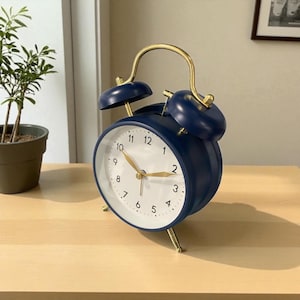 Retro Alarm Clock Handcrafted in Grey or Blue | Loud Bell Twin Hammer | Vintage Desk Clock for Bedroom or Office | Wind-Up Gift Idea