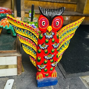 Hand Painted Wooden Owl Figurine – Bright Colorful Folk Art Decor – Carved Wood Owl Sculpture – Boho Handmade Home Accent – Unique Gift