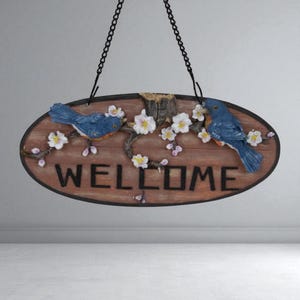 Welcome Sign for Front Door — Rustic Wooden Plaque with Birds and Blossoms — Handmade Spring Decor for Porch, Entryway or Gift