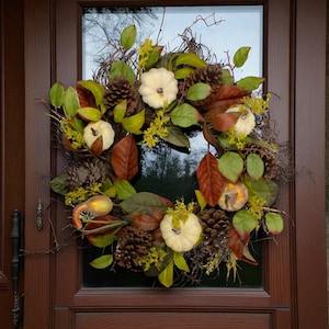 Fall Door Wreath with Pumpkins & Pinecones – Fall Front Porch Decor, Handmade 24” Harvest Wreath for Home, Farmhouse Entryway