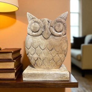 Wooden Owl Decor | Handcrafted Rustic Owl Sculpture | Natural or Whitewashed Finish | Autumn Forest Accent | Cozy Woodland Home Decor