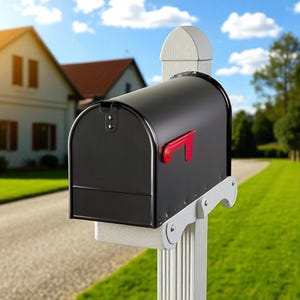 Buzón de correo de acero galvanizado de gran tamaño, de alta resistencia y alta calidad, con acabado negro resistente a la oxidación, para montaje en poste en exteriores, con señal roja.