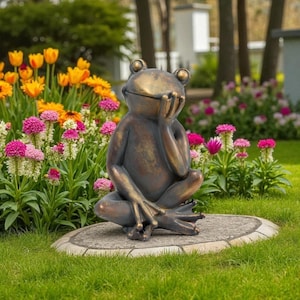 Funny handmade concrete frog statue – bronze effect garden or home decor – whimsical animal sculpture – perfect quirky gift idea