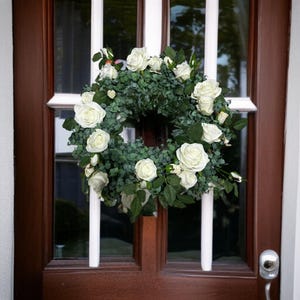 Wreath White Rose  with Greenery | Handmade Door Decor for Spring & Summer | Elegant Floral Gift | Farmhouse Style Wreath 18&quot;