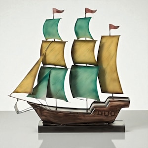 Sailboat Sculpture with Yellow & Green Sails – Handmade Metal Art for Ocean Decor, Nautical Shelf or Office Accent