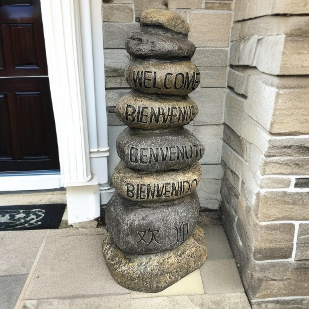 Welcome Stone for Front Porch – Multilingual Concrete Yard Statue ...