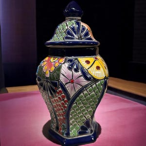 Handmade Talavera Pottery Vase with Lid | Mexican Folk Art Ceramic | Bright Floral Jar for Kitchen, Entryway or Gift Decor Idea