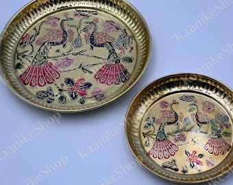 Handcrafted Meenakari Plate with Peacocks, Vibrant Enamel Art for Home Decor & Gifting, Brass plate decor