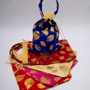 5 pack of Assorted Elegant Silk Potli Favor Bags - Indian Celebration Essentials, Wedding, Housewarming Diwali Potli Favor Bags, under 5
