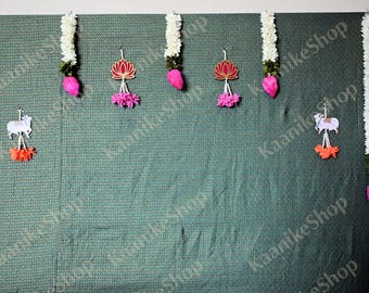 Beaded Kamdhenu Cow Wall Hanging, Lotus Wall Hanging, Diwali Decor, Indian Art Garland for Temple, Housewarming Decor - Set of 2