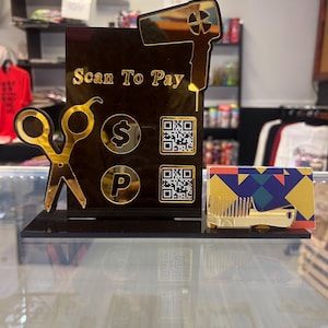 Benutzerdefiniertes Scan to Pay-Zeichen | Hair Stylist QR-Code Schild | Friseur-Salon-Zeichen | Beauty Shop Zeichen | Beauty Salon Zeichen | Visitenkartenhalter