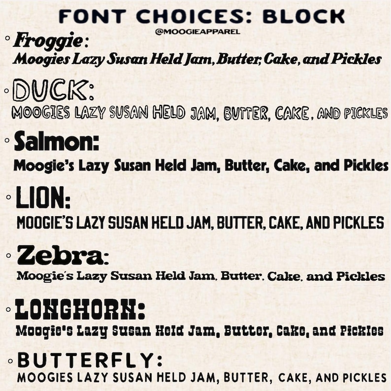 May include: A graphic design image showing different font choices for the phrase "Moogies Lazy Susan Held Jam, Butter, Cake, and Pickles". The fonts are labeled "Froggie", "Duck", "Salmon", "Lion", "Zebra", "Longhorn", and "Butterfly".