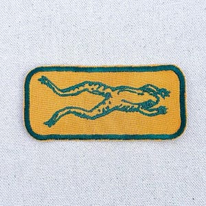 May include: A yellow and green embroidered patch featuring a frog design. The frog is green with a yellow body. The patch is rectangular and has a green border.