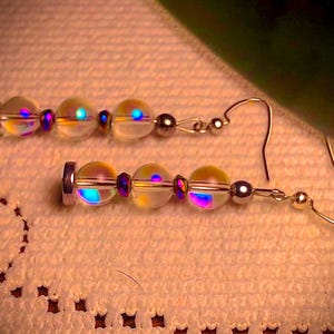 Rainbow Crystal Quartz and Hemitite long and feminine dangle earrings