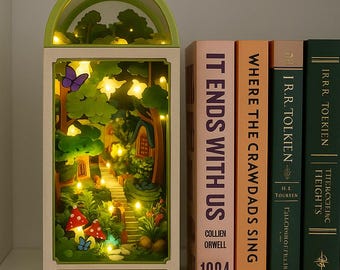 DIY Firefly Forest Book Nook Kit | 3D Wooden Puzzle Bookshelf Insert with LED Lights | Garden House Library Diorama | Gift for Book Lovers