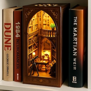DIY Library of Books Book Nook Kit | 3D Wooden Puzzle Bookshelf Insert with LED Lights | Detective Library Diorama | Gift for Book Lovers