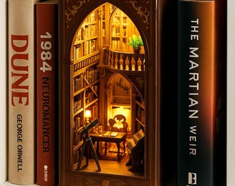 DIY Library of Books Book Nook Kit | 3D Wooden Puzzle Bookshelf Insert with LED Lights | Detective Library Diorama | Gift for Book Lovers