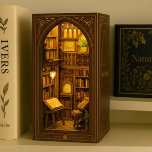 Zestaw DIY: Biblioteka Książek Kącik do Książek | Drewniana Wkładka do Regałów z Łamigłówkami 3D i Światłami LED | Diorama Biblioteki Detektywistycznej | Prezent dla Miłośników Książek
