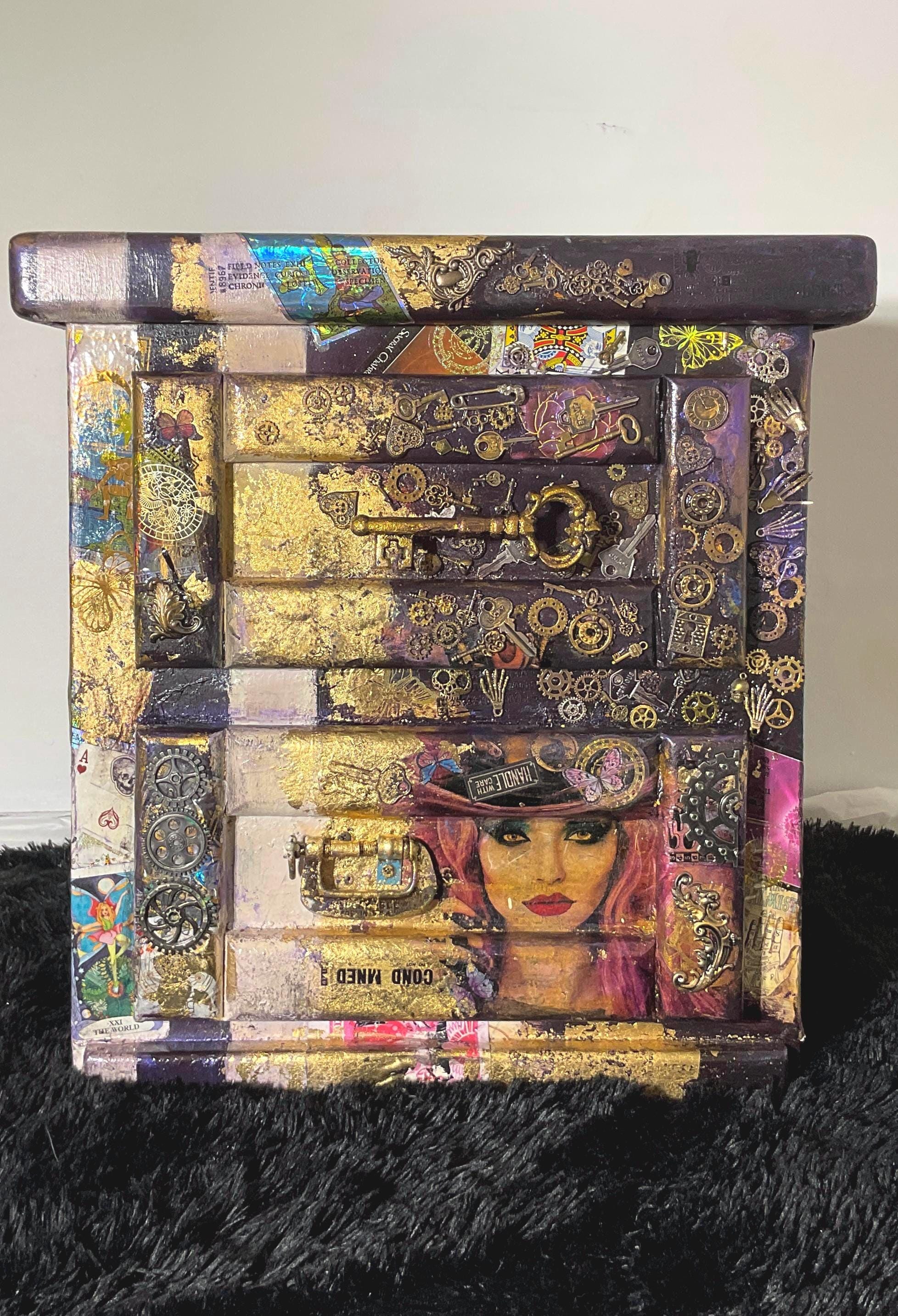 Mystical Tarot & Steampunk Nightstand – Mixed Media Art Furniture with Gears, Gold Leaf and Collage Accents