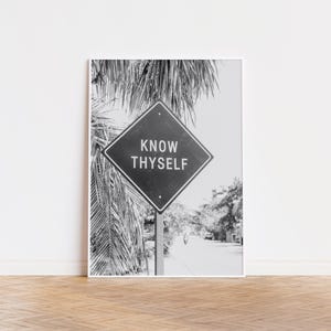 Può includere: Fotografia in bianco e nero di un cartello stradale a forma di diamante con il testo "KNOW THYSELF" stampato in bianco. Il cartello è appeso a un palo davanti a una palma.