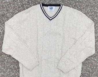 Vtg 1990s LEE Sport Nutmeg Mills  Cable-knit Sweater Made in USA V-Neck Size (L)