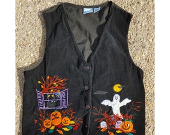 Vtg 1990s Halloween Corduroy Button-Up Embroidered Vest Size (L)