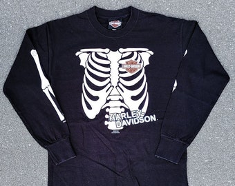 VTG 2015 Harley-Davdson Squelette Imprimé Ras Du Cou Enfants Jeunes T-shirt À Manches Longues Taille Moyenne
