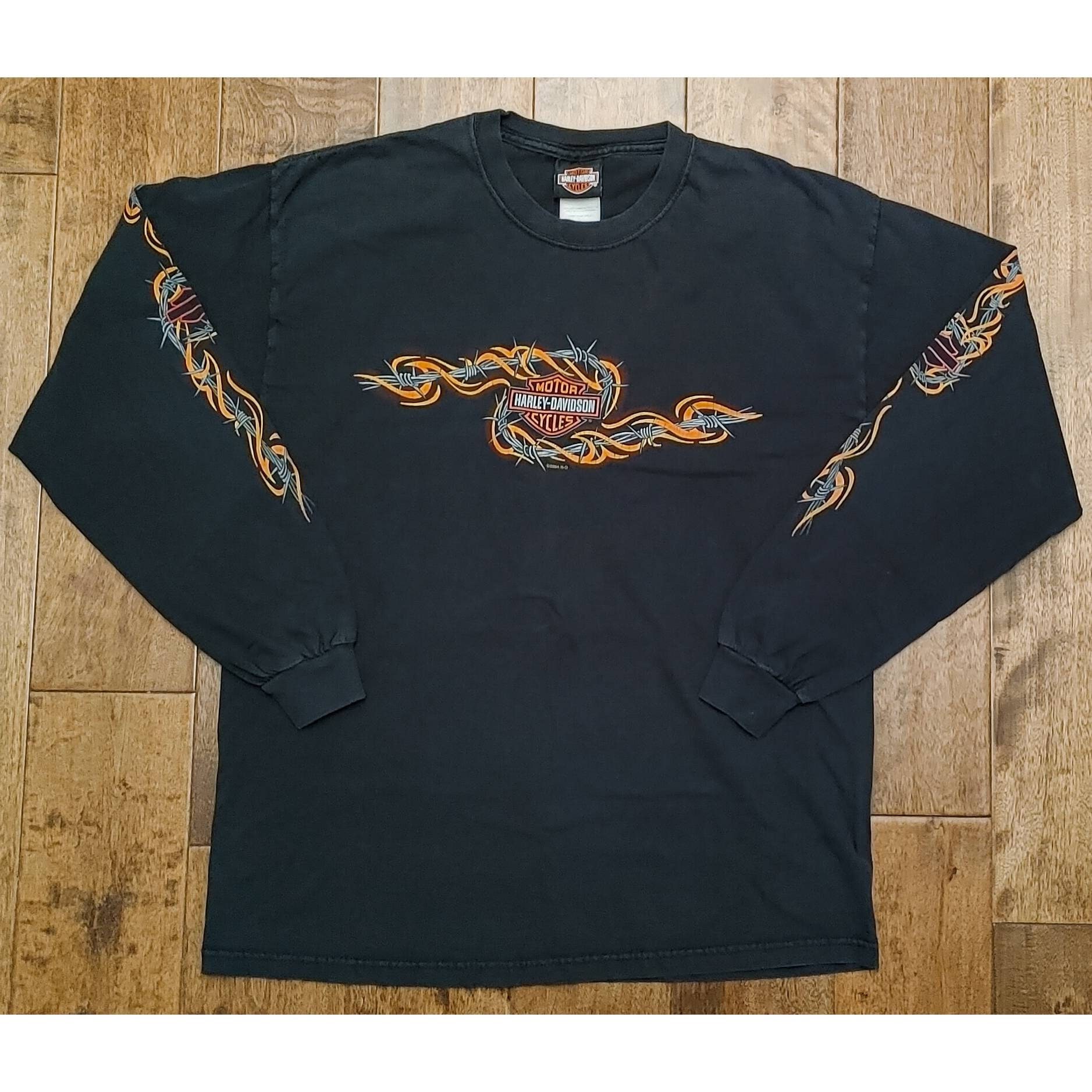 Vtg 2004 Harley-davidson Barbed Wire Print Denver,co Crew Vtg 2004 Harley-davidson Barbed Wire Print Denver,co Crew