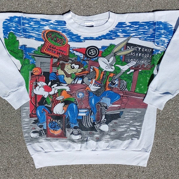 Vtg 1994 Looney Tunes by Freeze Acme Gas Taz Bugs Tultex Crew Sweatshirt (L)