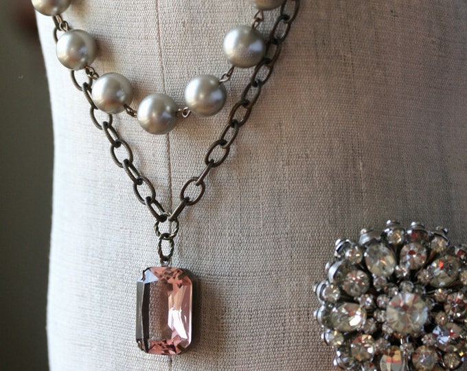 Blush Necklace, Grey and Pink, Platinum Pearls, Estate Style Necklace