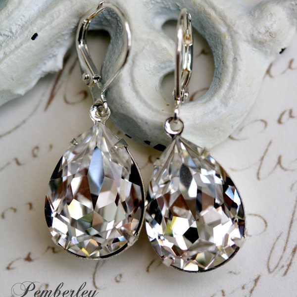 Swarovski Crystal Earrings, Estate Style Earrings, Diamond Clear, Tear Drop Earrings, Bridesmaids Earrings