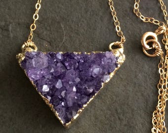 Amethyst Gold Plated Triangle Druzy Necklace. One of