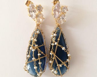 Downton Abbey/ Great Gatsby. Kashmir Blue Quartz, Freshwater Pearl, 14 Kt Gold Fill Earrings