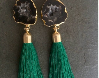 Black Gold Plated Geode/Green Silk  Tassell Earrings