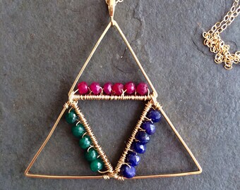 Zelda. Dyed Emerald,Ruby,Sapphire Triangle Necklace