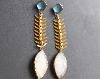 Frozen Earrings. Gold Plated Blue Topaz Quartz. Gold Plated Fishbone Chain. Snow White Druzy.