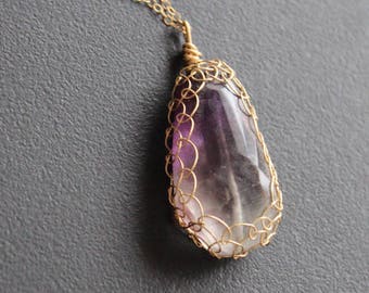 Merlin's Stone. Ombre Amethyst. 14 kt Gold Fill Fishnet Weave Border. 14 kt Gold Fill Long Chain Necklace