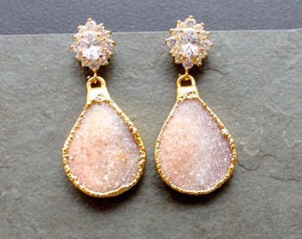 Sahara Sunset. Gold Plated. Orange/Grey Ombre Druzy Earrings. CZ Studs. One of a Kind