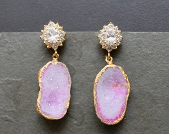 Pink Cotton Candy Druzy Earrings. CZ studs. One of a Kind