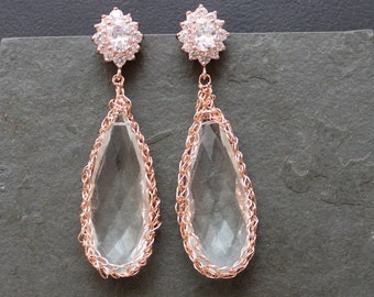 Rose Gold Crochet Crystal Quartz Earrings. Rose Gold Plated Flower CZ studs. Bridal Earrings.