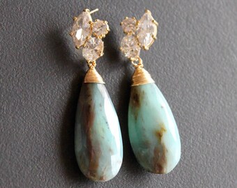 Peruvian Blue Opal. Gold Plated Cubic Zirconia Earrings.