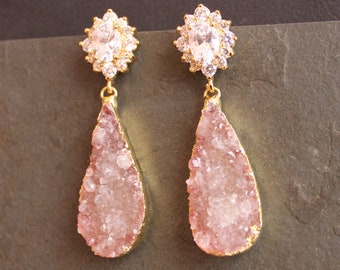 Mauve/Blush Pink Druzy Teardrop Earrings. CZ Gold Plated Studs. One of a Kind.