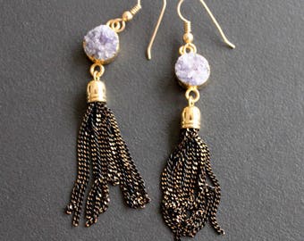 Lilac Druzy. Gold Plated Black Painted Tassel Earrings.