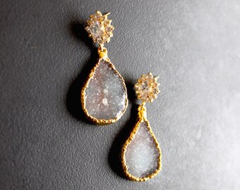 Constellation of Stars.  Ombre Grey/Purple Druzy Earrings. Gold Plated CZ studs. One of a Kind