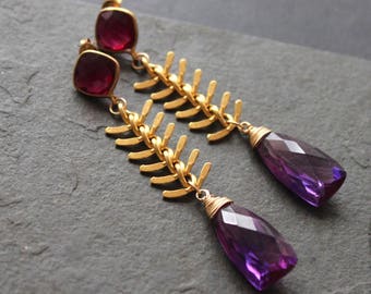 Roses  & Violets. Ruby Quartz, Kunzite. Gold Plated Fishbone Chain Earrings