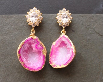 Hot Pink Druzy. CZ Gold Plated Earrings. One of a Kind.