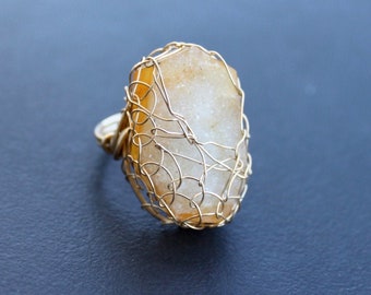 One of A Kind. Marigold Druzy Yellow Ring. 14 kt Gold Fill Wire Wrap.