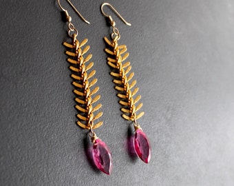 Venus Rising. 24 kt Gold Plated Fishbone Chain Fuchsia Quartz Statement Earrings.