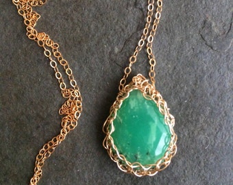 Heal Thy Heart. OOAK Chrysoprase 14 Kt Crochet Necklace